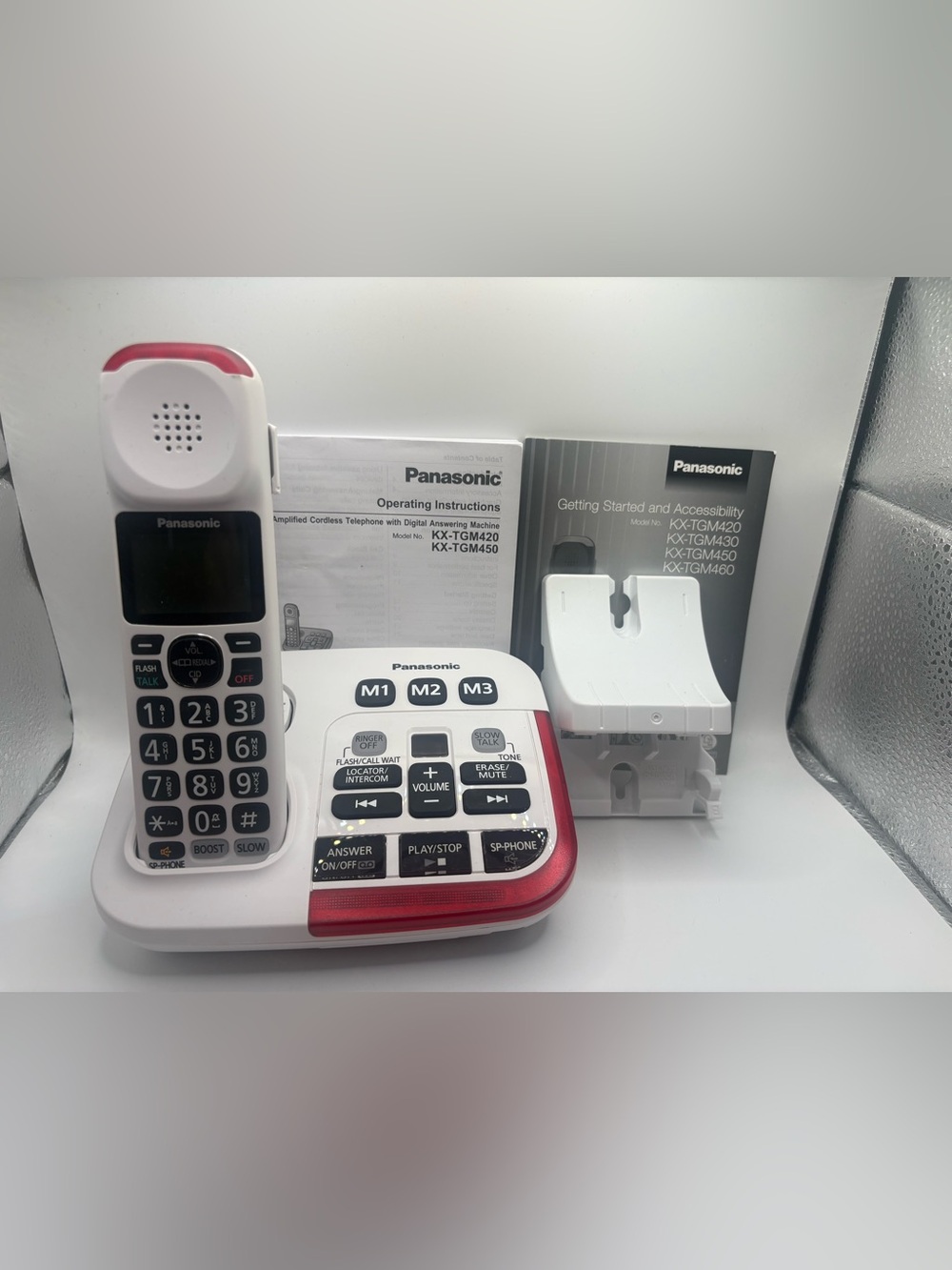 Panasonic White and Red Large-Button Cordless Phone with Base
